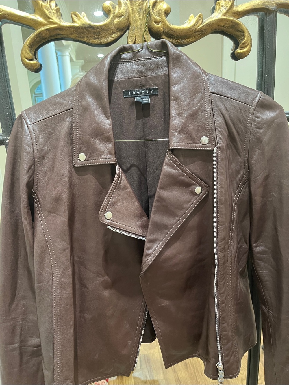 Theory Brown Leather Asymmetrical Zip Moto Jacket